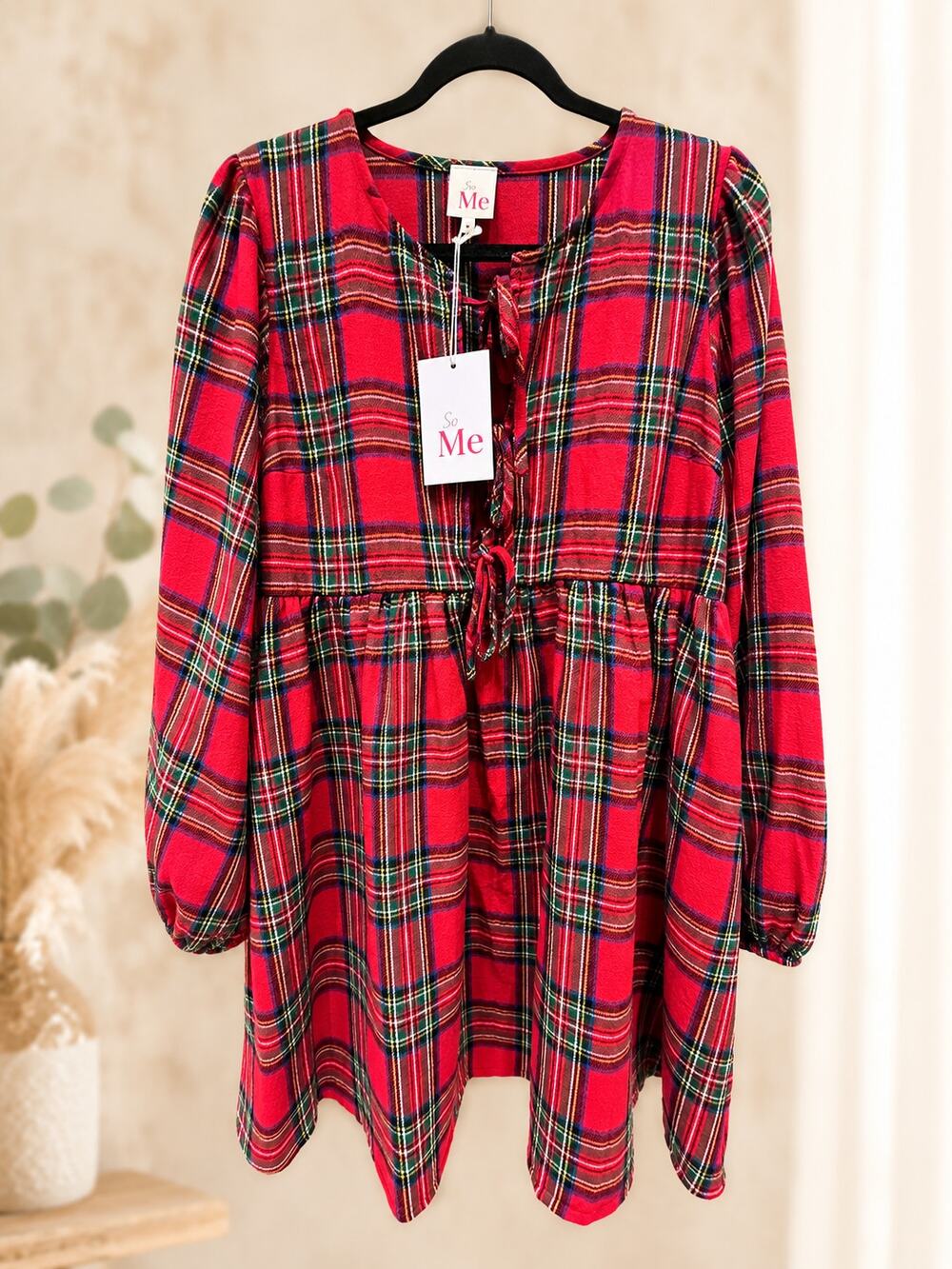 So Me Red Tartan Plaid Babydoll Mini Dress M Tie Front Puff Sleeve Cottagecore